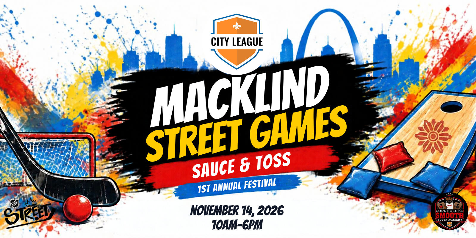 Macklind Street Games — Sauce & Toss · 1st Annual Festival · Saturday, November 14, 2026, 10 AM–6 PM